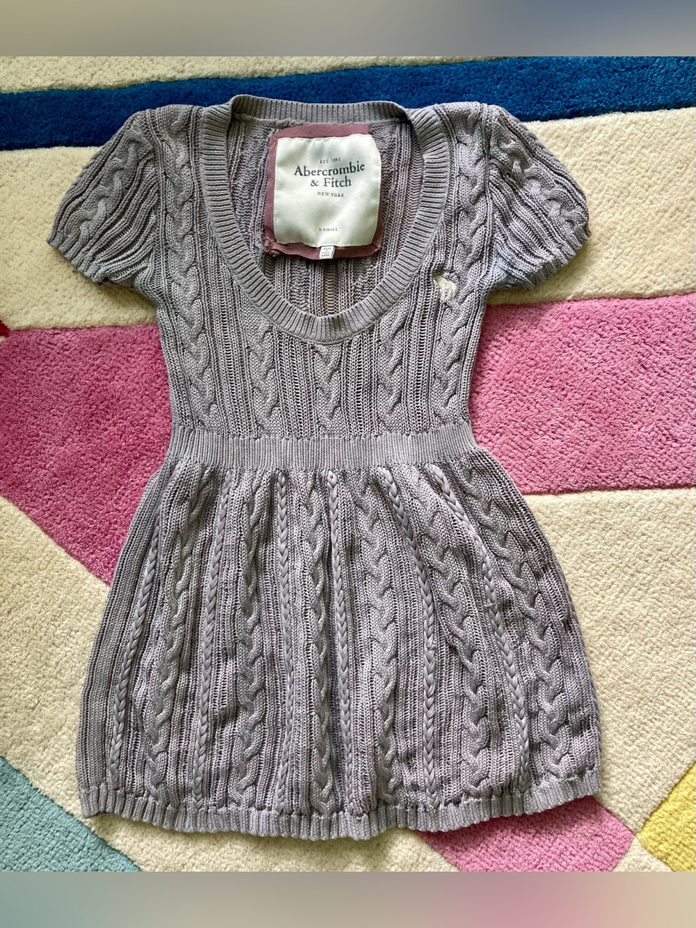 Vintage Y2K Abercrombie & Fitch Grey Short Sleeve Cable Knit Baby Doll XS
